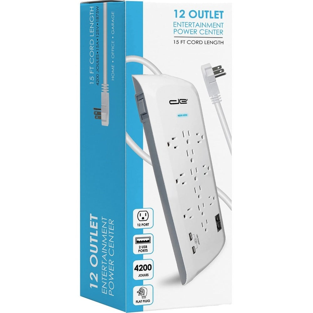 Digital Energy World 12-Outlet Surge Protector Power Strip with 2 USB Ports (White, 15-Foot Cord) - 12 x AC Power, 2 x USB - 1875 VA - 4200 J - 120 V AC Input - Coaxial, Ethernet, Phone/Modem - 15 ft