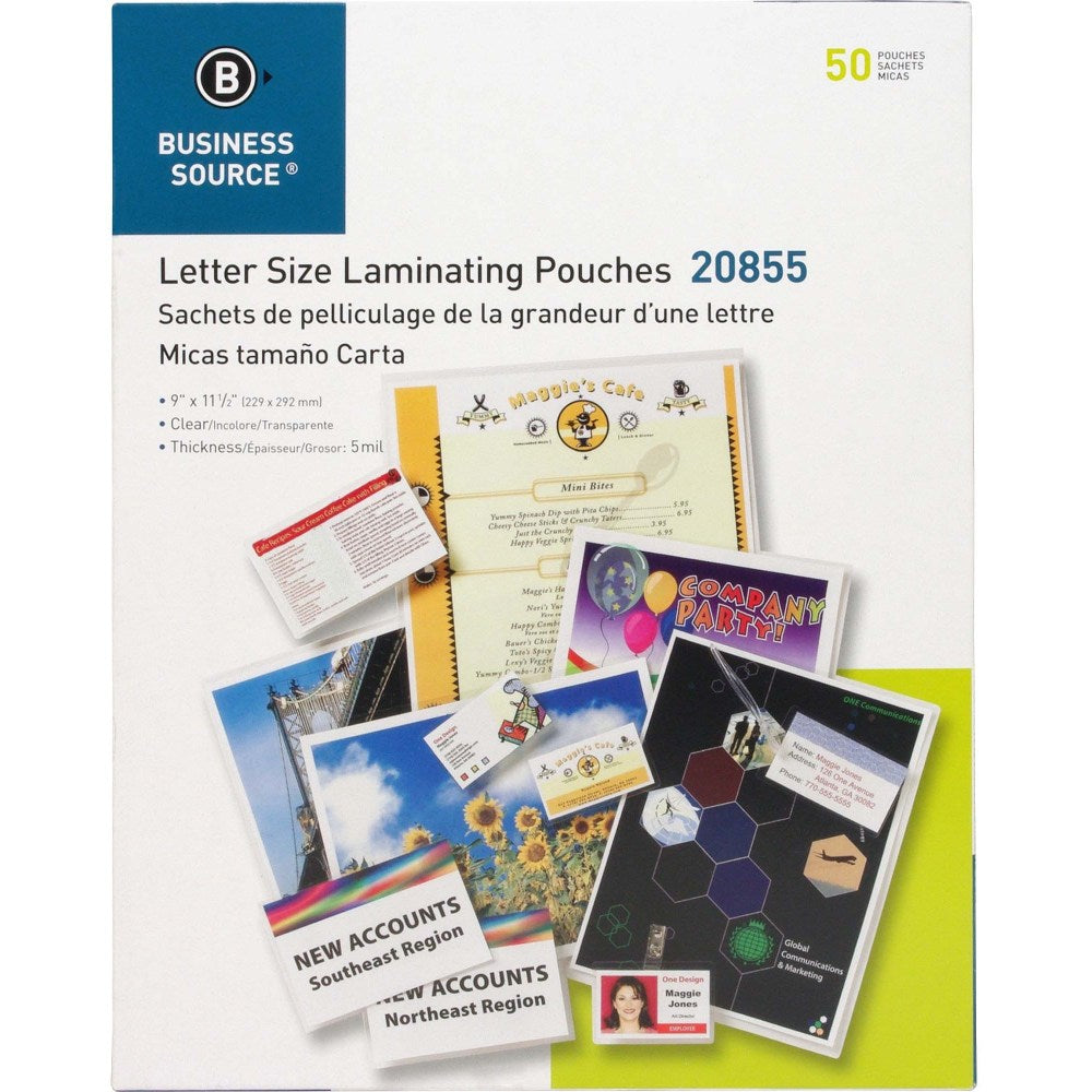 Business Source Letter Size Laminating Pouches - Sheet Size Supported: Letter 8.50in Width x 11in Length - Laminating Pouch/Sheet Size: 9in Width x 11.50in Length x 5 mil Thickness - for Photo, Document, ID Badge, Recipe - Pre-trimmed - Clear - 50 / Box