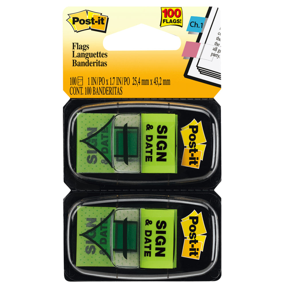 Post-it Notes Sign & Date Printed Flags, 1in x 1-7/10in, Green, 50 Flags Per Pad, Pack Of 2 Pads