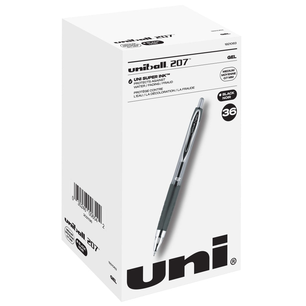 uni-ball 207 Retractable Fraud Prevention Gel Pens, Medium Point, 0.7 mm, Black Barrel, Black Ink, Pack Of 36