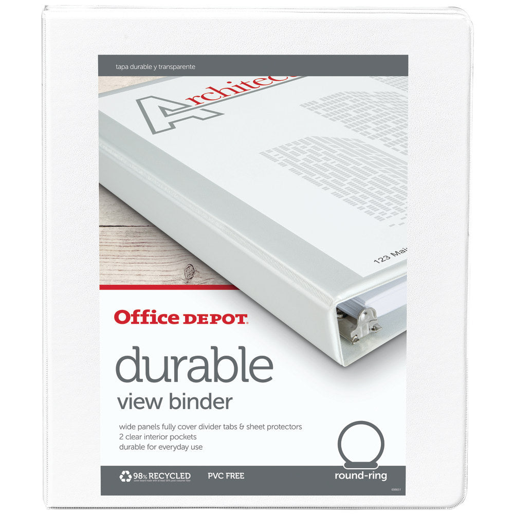 Office Depot Brand Durable View 3-Ring Binder, 1/2in Round Rings, White