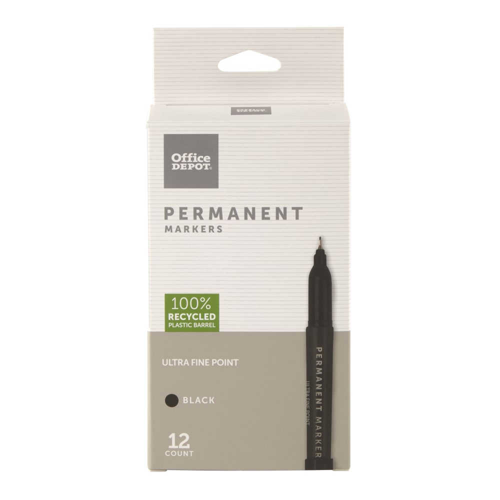 Office Depot Brand Permanent Markers, Ultra-Fine Point, 100% Recycled Plastic Barrel, Black, Pack Of 12