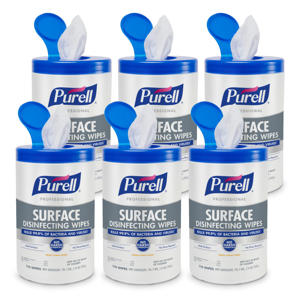 PURELL Professional Surface Disinfecting Wipes, Citrus Scent, 110 Count Canister, 7inx 8in Wipes, Pack of 6 Canisters