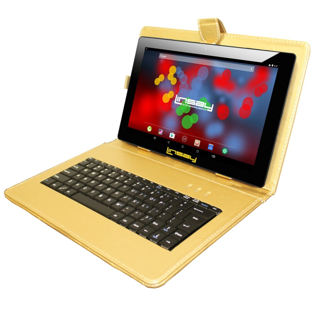 Linsay F10IPS Tablet, 10.1in Screen, 2GB Memory, 64GB Storage, Android 13, Golden Keyboard