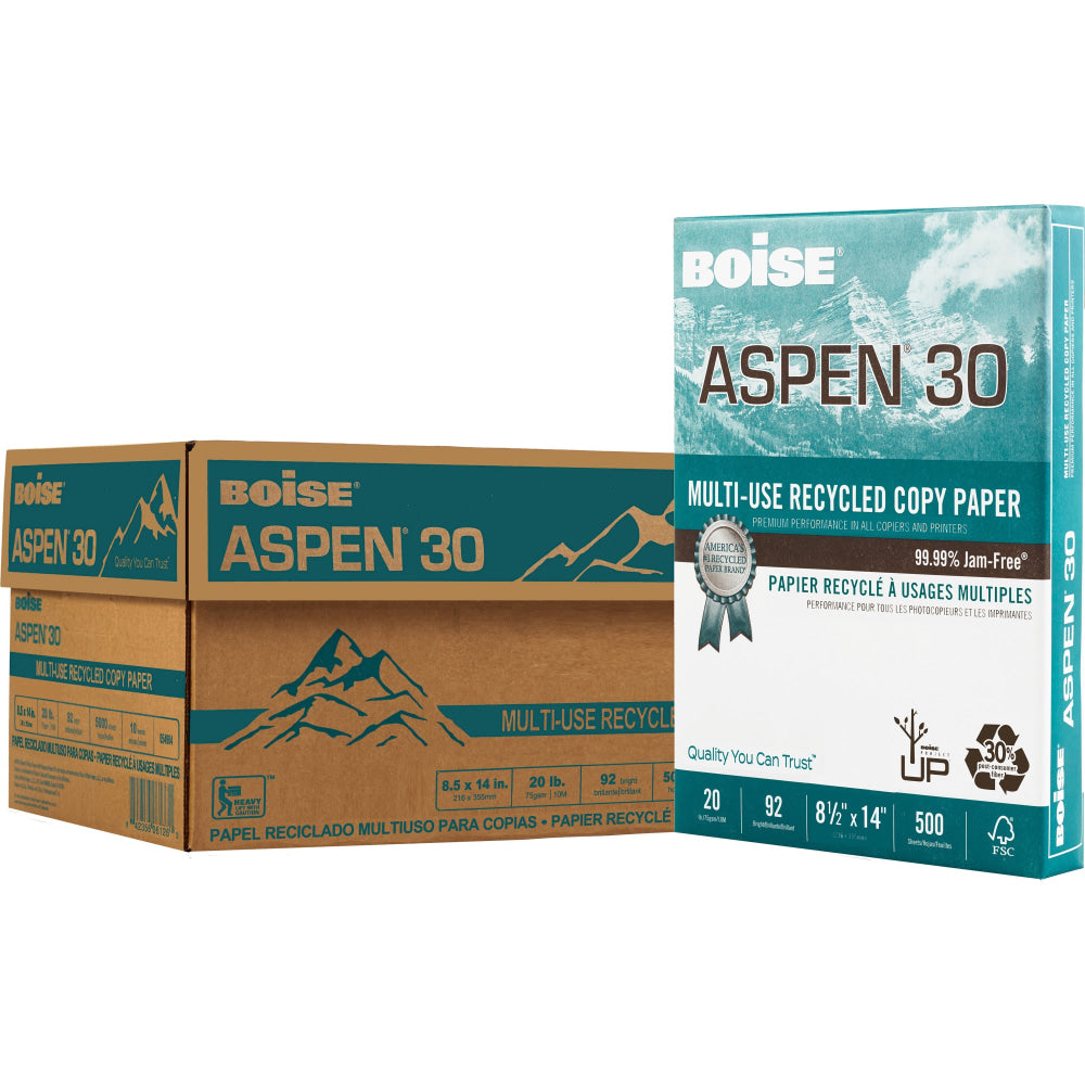 Boise ASPEN 30 Multi-Use Printer & Copy Paper, White, Legal (8.5in x 14in), 5000 Sheets Per Case, 20 Lb, 92 Brightness, 30% Recycled, FSC Certified, Case Of 10 Reams