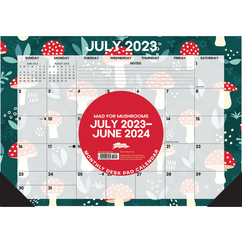 2023-2024 Willow Creek Press Academic Monthly Desk Pad Calendar, 12in x 17in, Mad For Mushrooms, July 2023 To June 2024