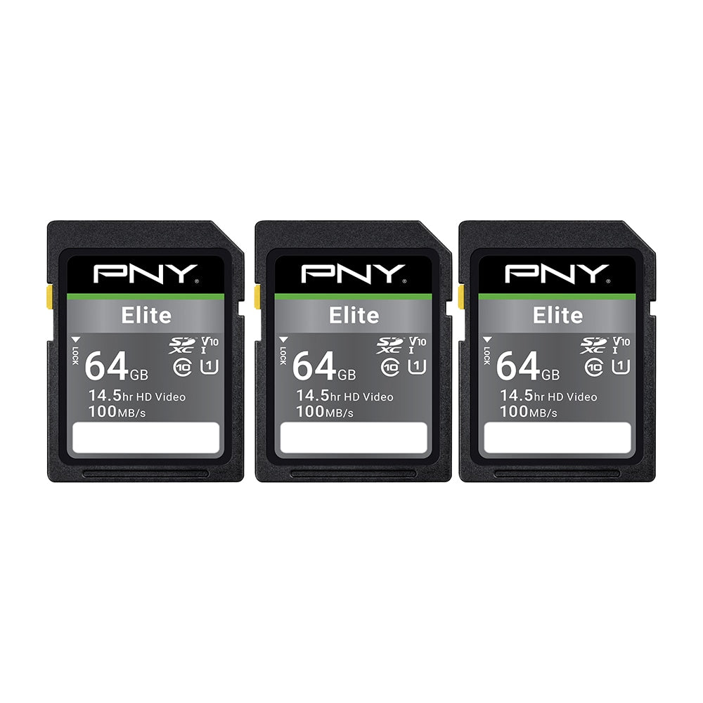 PNY Elite Class 10 U1 V10 100 Mbps SDXC Flash Memory Cards, 64GB, Pack Of 3 Memory Cards