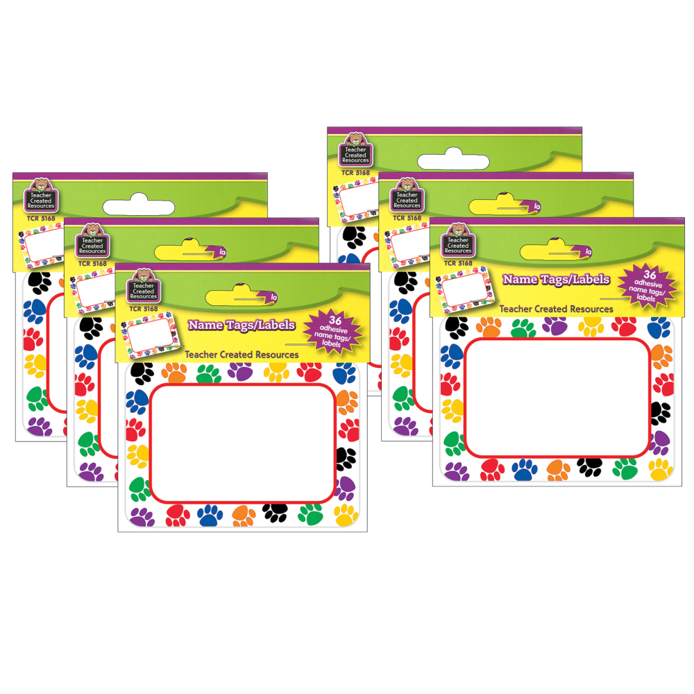 Teacher Created Materials Name Tags, Colorful Paw Prints, 2-1/2inH x 3-1/2inW, 36 Name Tags Per Pack, Set Of 6 Packs