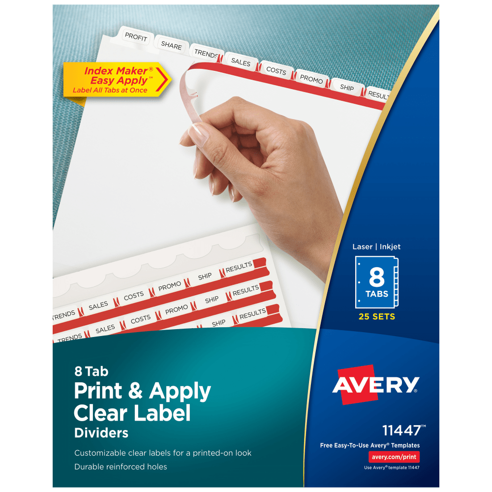 Avery Customizable Index Maker Dividers For 3 Ring Binder, Easy Print & Apply Clear Label Strip, 8 Tab, White, Box Of 25 Sets