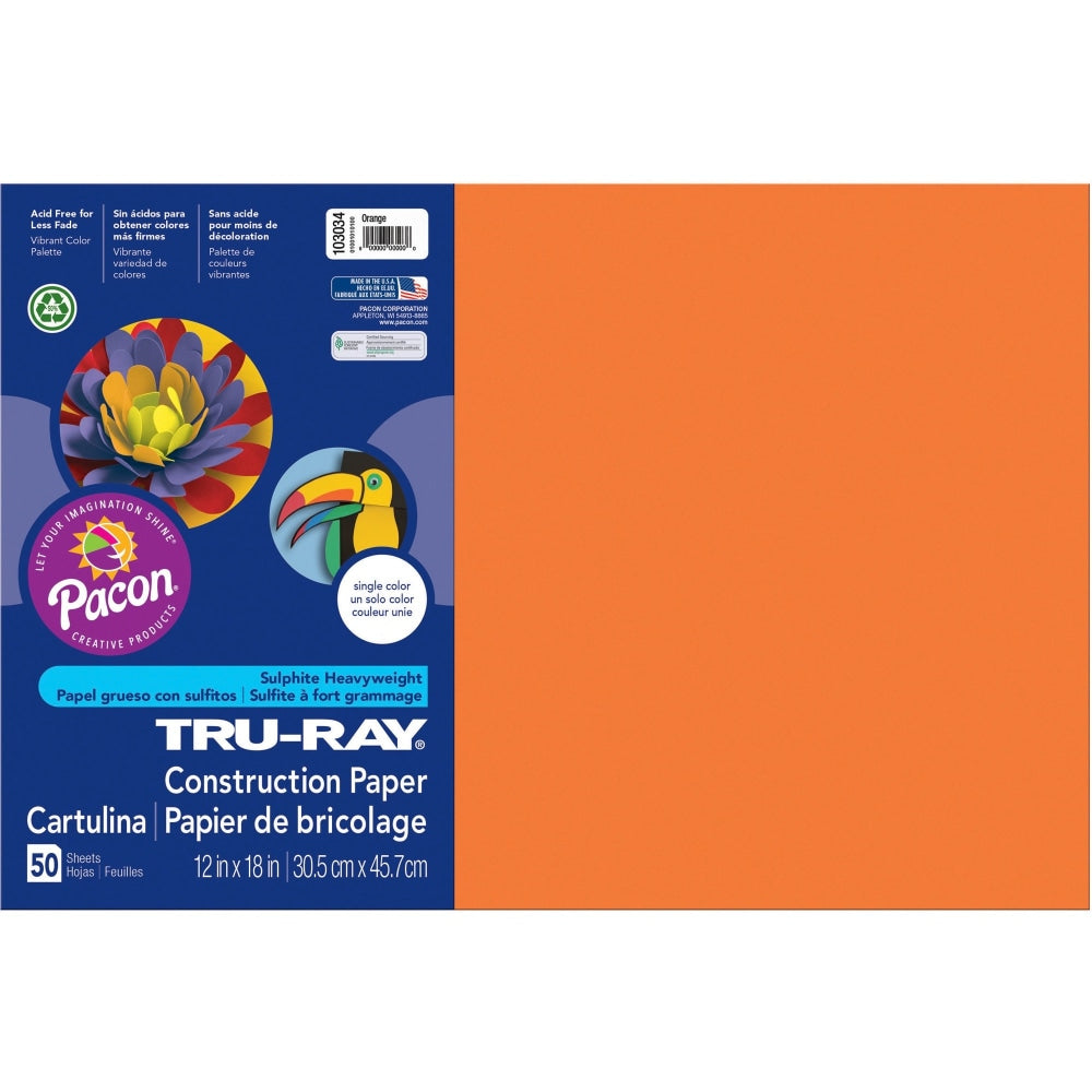 Tru-Ray Construction Paper, 50% Recycled, 12in x 18in, Orange, Pack Of 50