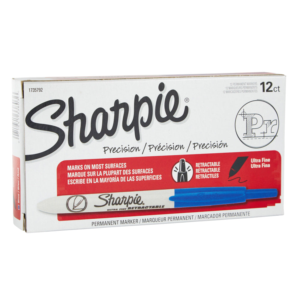 Sharpie Retractable Permanent Markers, Ultra-Fine Point, Blue, Pack Of 12