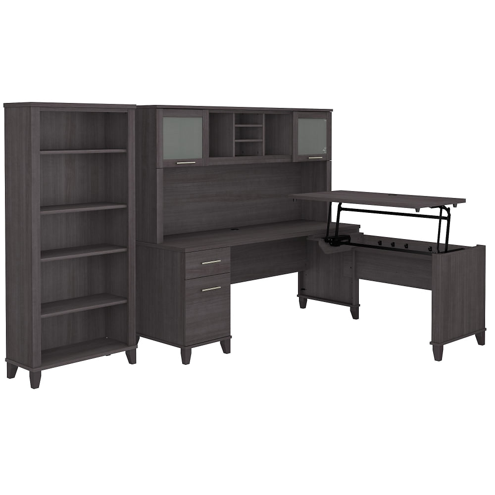 Bush Furniture Somerset 72inW 3-Position Sit-To-Stand L-Shaped Desk With Hutch And Bookcase, Storm Gray, Standard Delivery