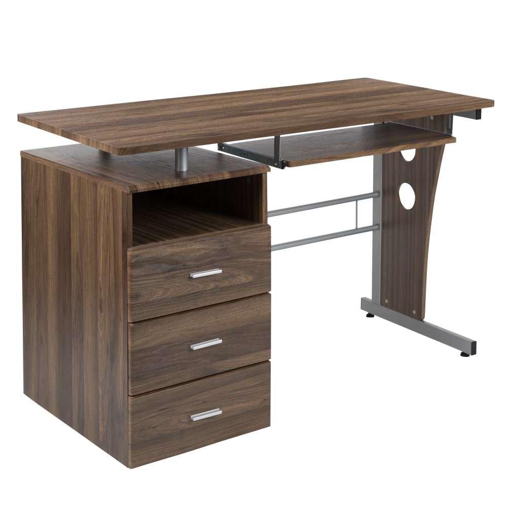 Flash Furniture 48inW Computer Desk With 3-Drawer Single Pedestal, Rustic Walnut