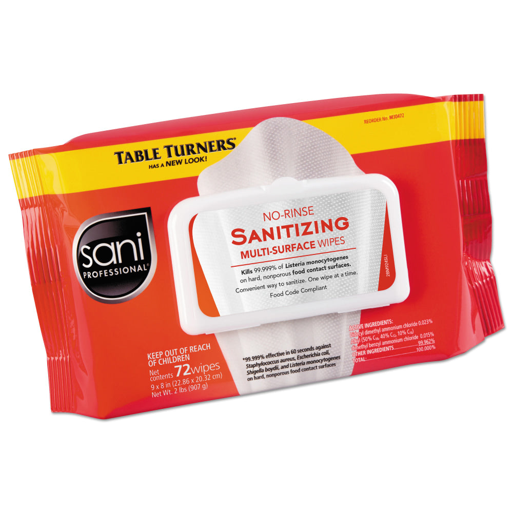 Sani Professional Table Turners No-Rinse Sanitizing Multi-Surface Wipes, 9in x 8in, 25.63 Oz, 72 Wipes Per Pack, Carton Of 12 Packs