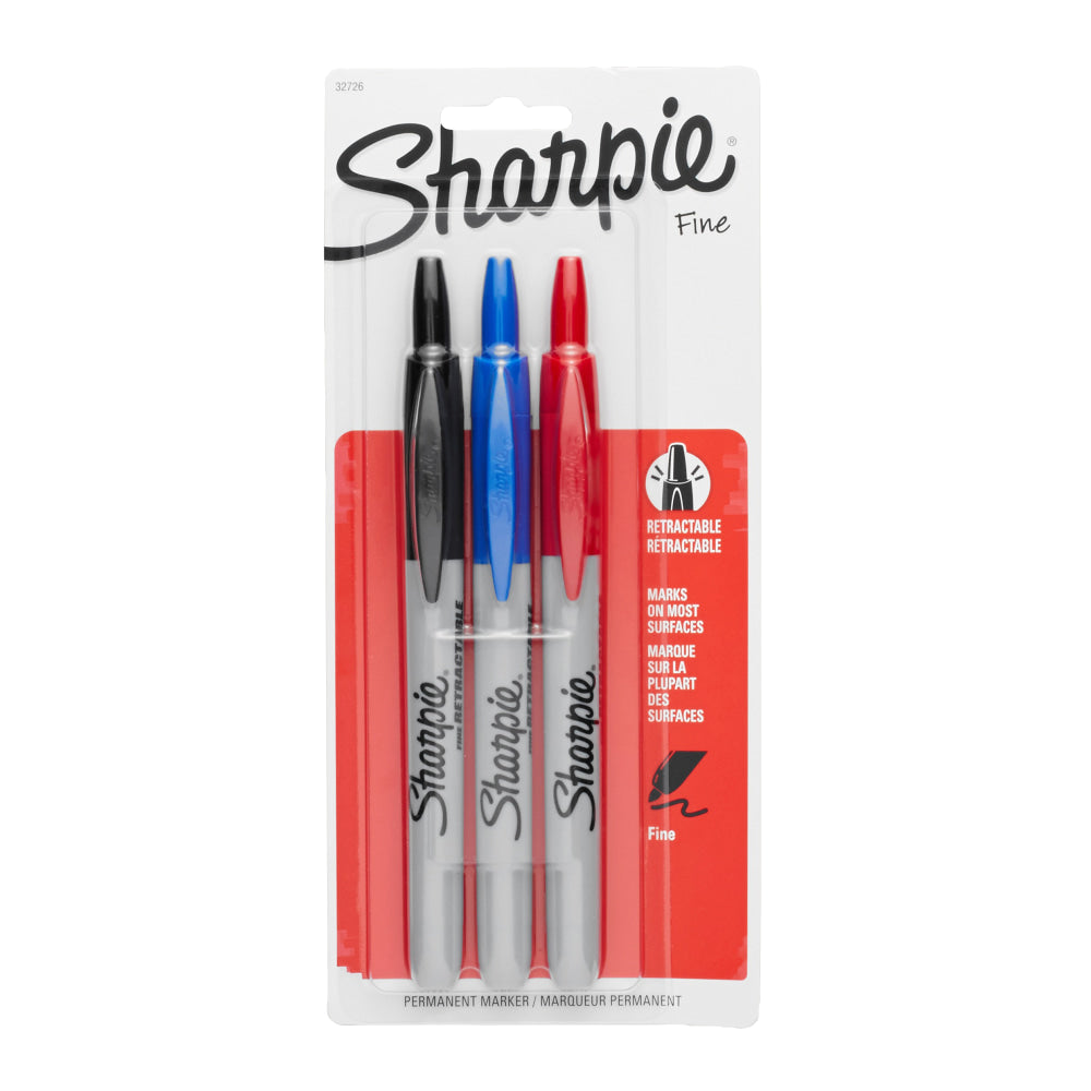 Sharpie Retractable Permanent Markers, Fine Point, Assorted Colors, Pack Of 3 Markers