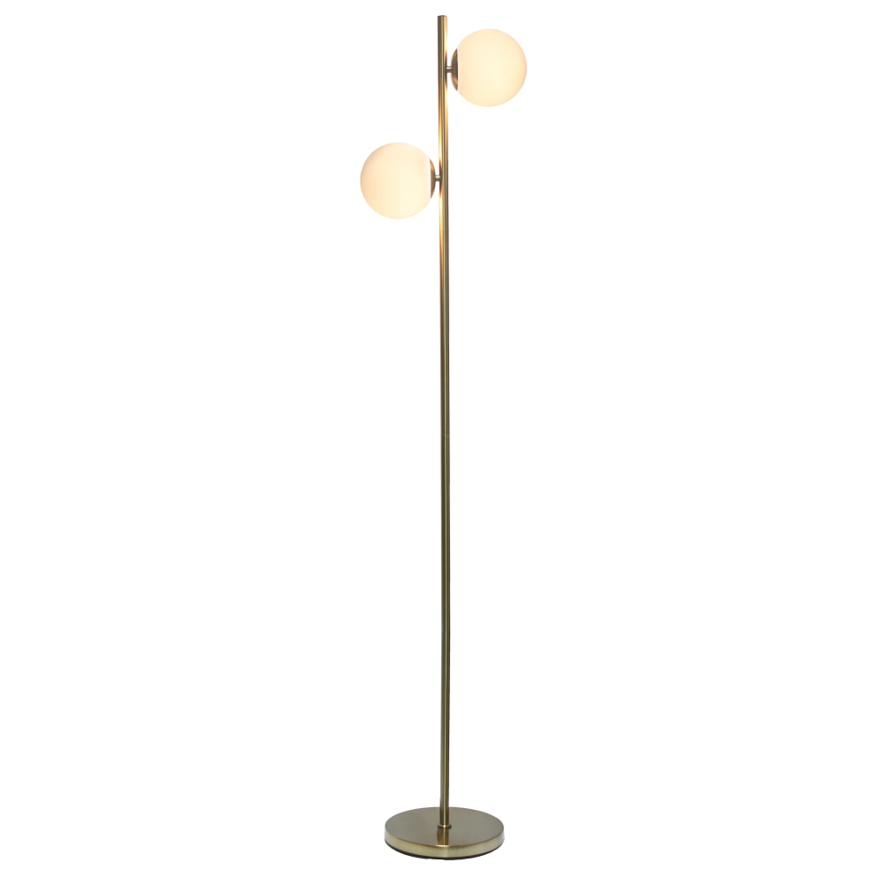 Simple Designs Tree Floor Lamp With Dual White Glass Globe Shades, 66inH, White Shades/Gold Base