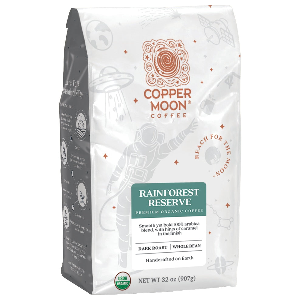 Copper Moon World Coffees Whole Bean Coffee, Rainforest Reserve Fair Trade, 2 Lb Per Bag, Carton Of 4 Bags