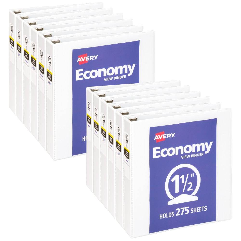 Avery Economy View 3 Ring Binder, 1-1/2in Round Rings, White, Pack Of 12