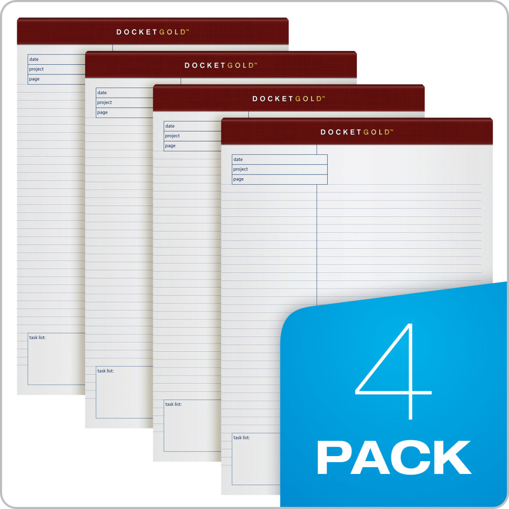 TOPS Docket Gold Premium Writing Pads, 8 1/2in x 11 3/4in, Wide Ruled, 40 Sheets, White, Pack Of 4 Pads