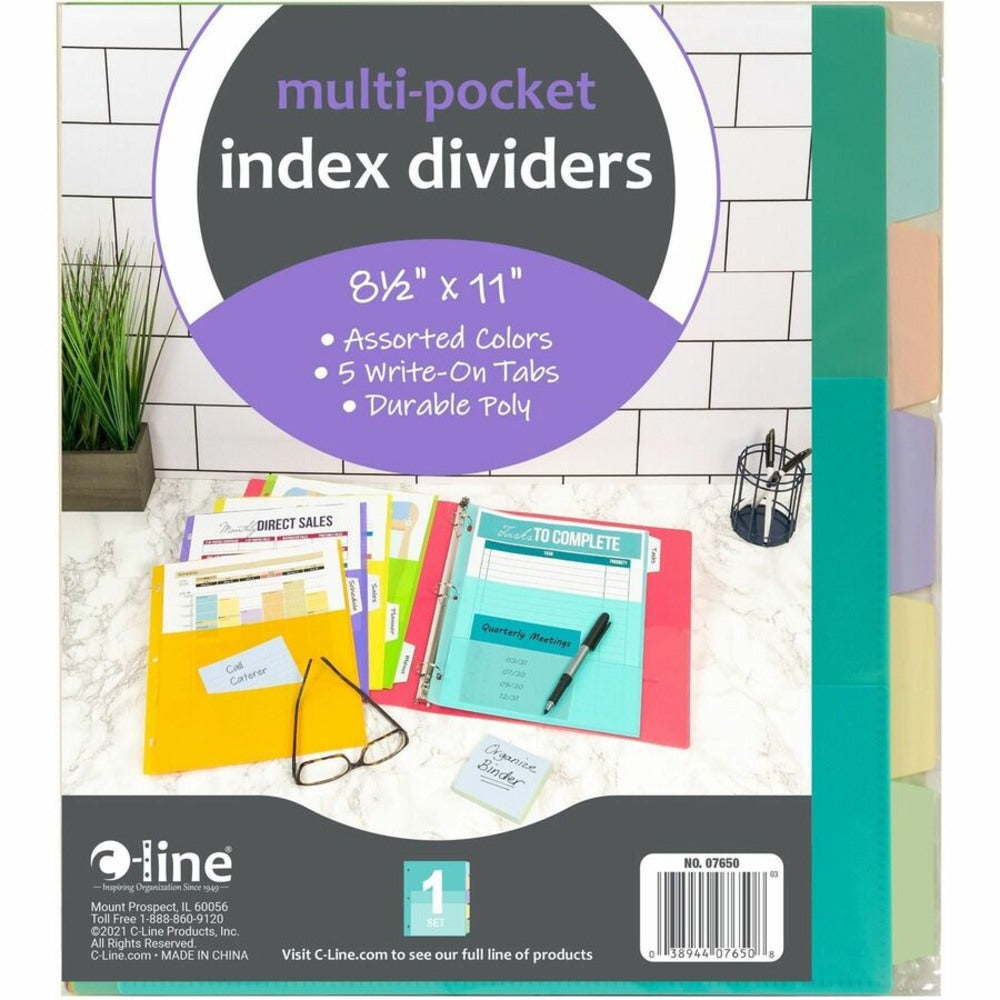 C-Line Bright Multi-pocket 5-tab Index Dividers - 5 Write-on Tab(s) - 5 Tab(s)/Set - Letter - 8.50in Width x 11in Length - 3 Hole Punched - Green Polypropylene, Orange, Purple, Yellow, Turquoise Divider - 5 / Set