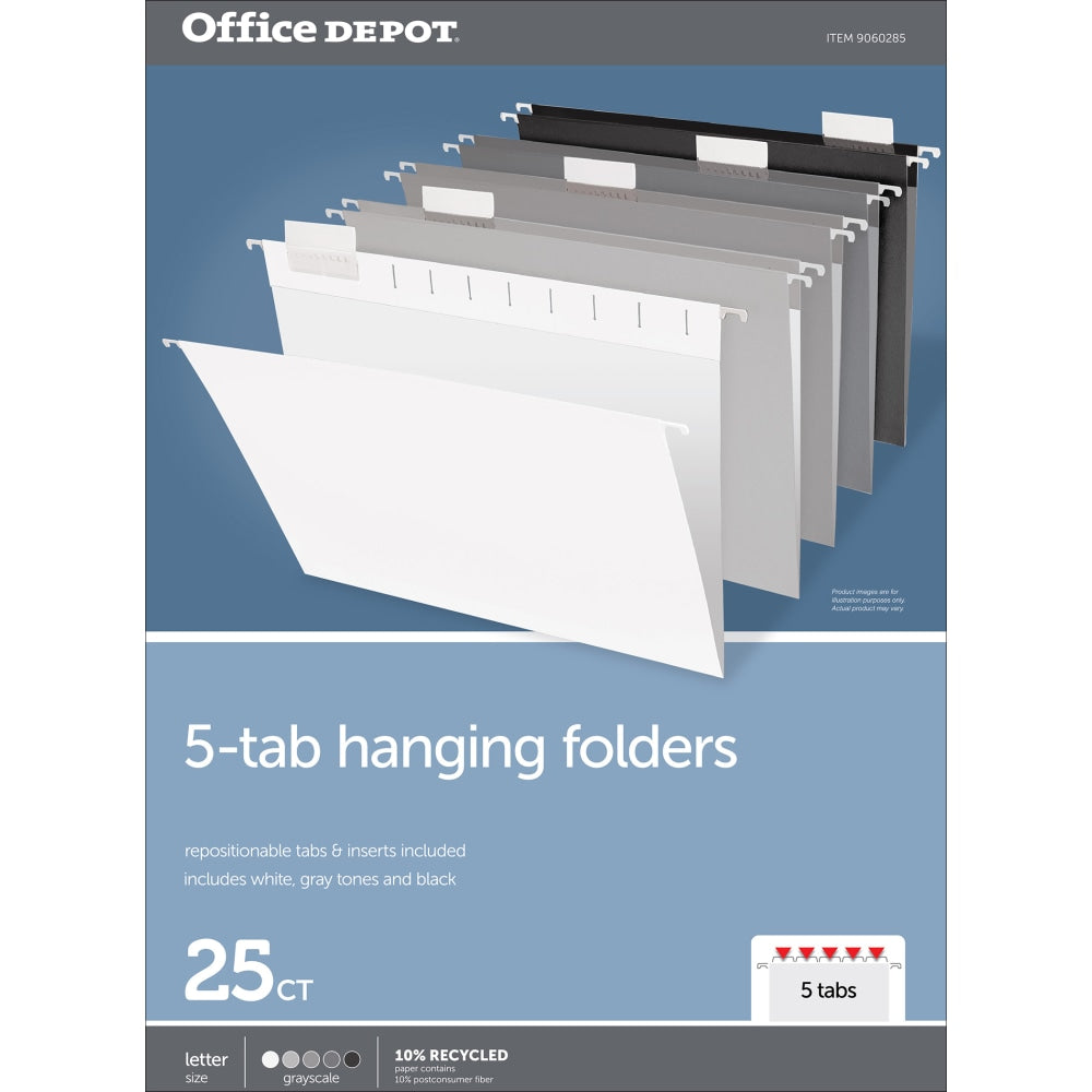 Office Depot Brand Hanging File Folders, 1/5-Cut, Letter Size, Assorted Grayscale Colors, Pack Of 25 Folders