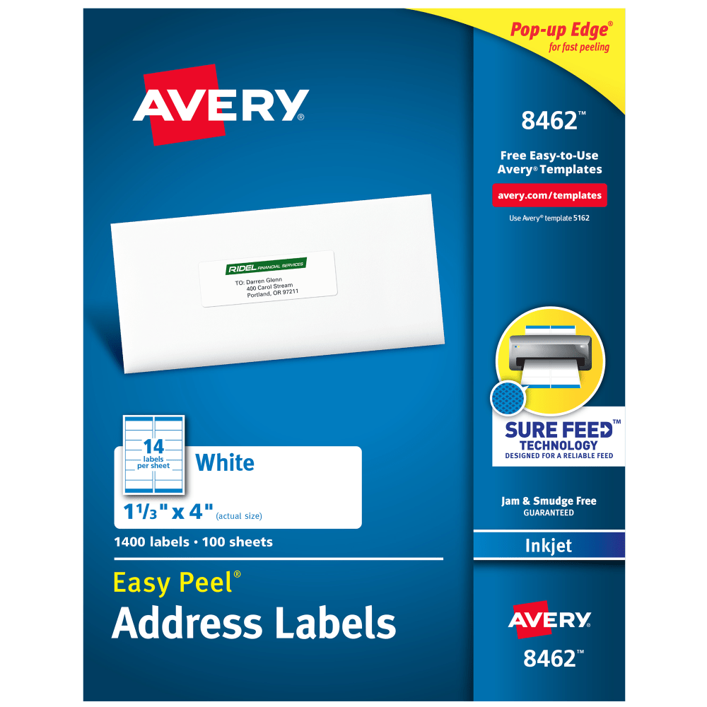 Avery Easy Peel Address Labels With Sure Feed Technology, 8462, Rectangle, 1-1/3in x 4in, White, Box Of 1,400