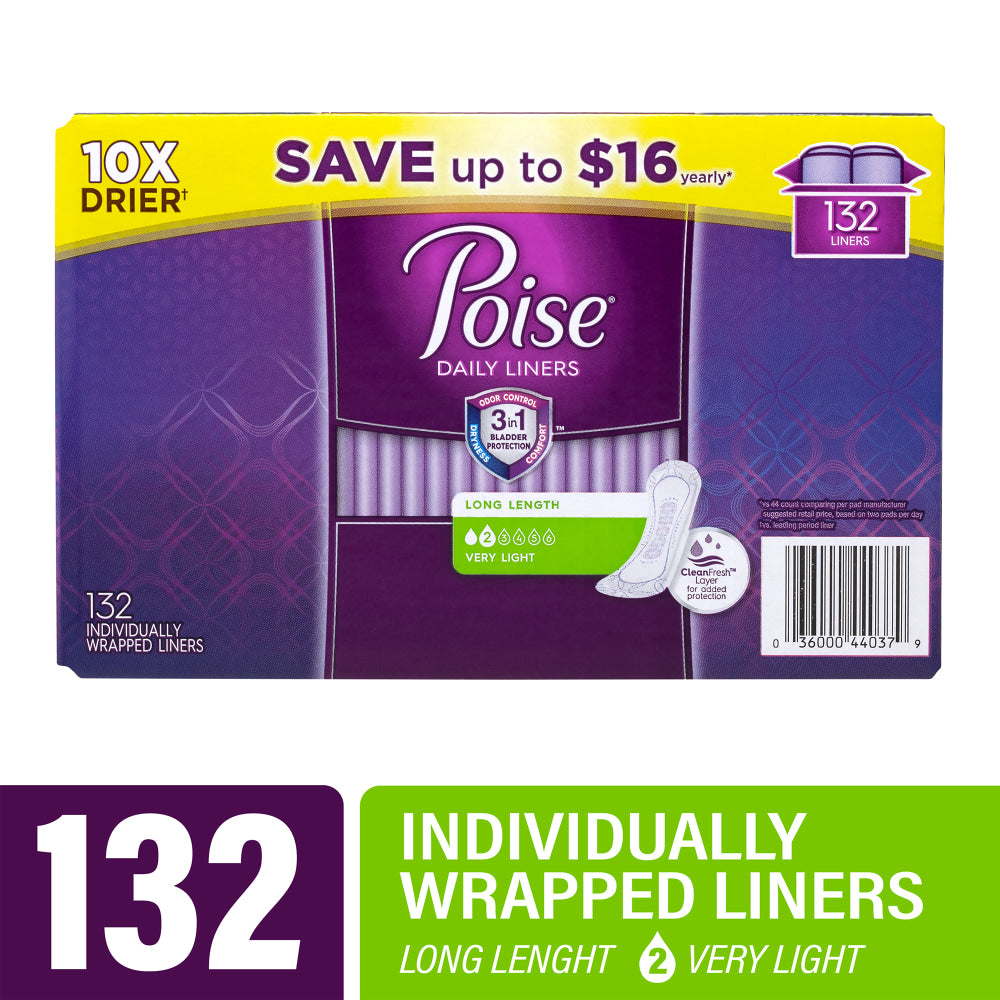 Poise Very Light Absorbency Long Incontinence Panty Liners, Box Of 132 Liners