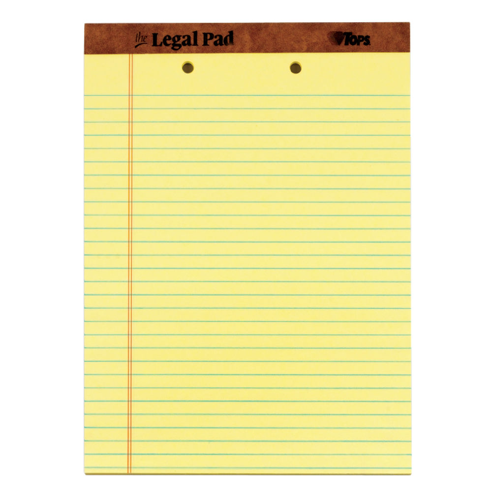 TOPS 2-Hole Punched Perforated Writing Pads, 8 1/2in x 11 3/4in, Legal Ruled, 50 Sheets, Canary, Pack Of 12 Pads