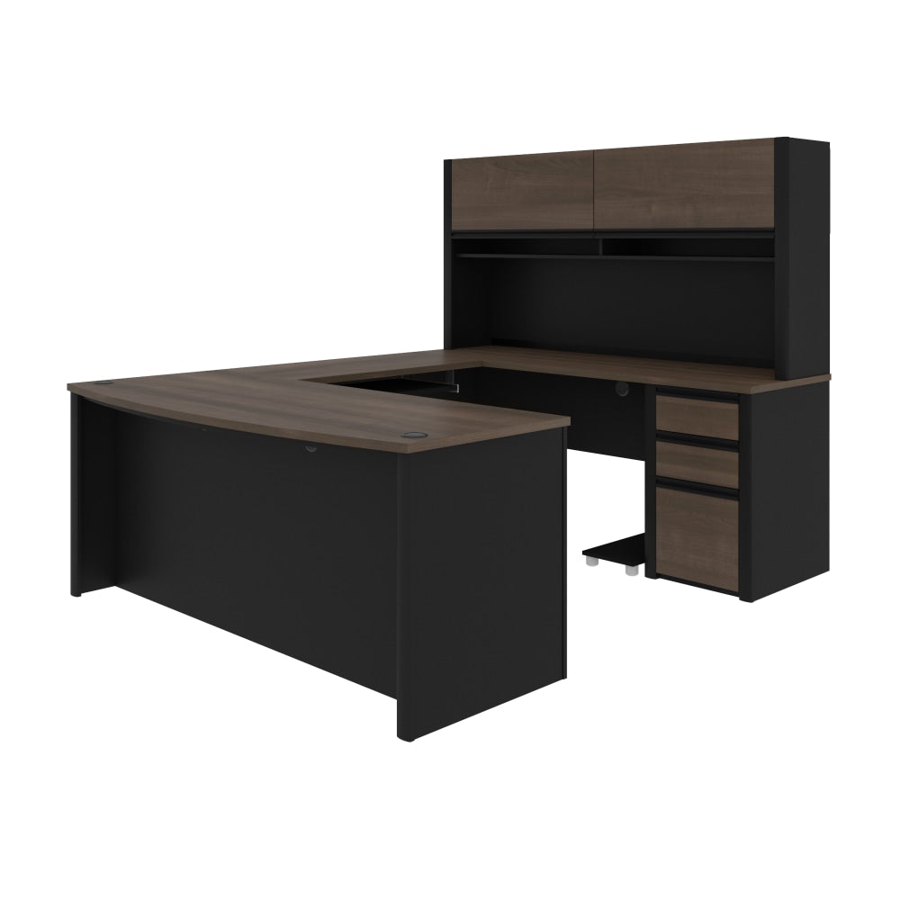 Bestar Connexion 72inW U-Shaped Executive Computer Desk With Pedestal And Hutch, Antigua/Black