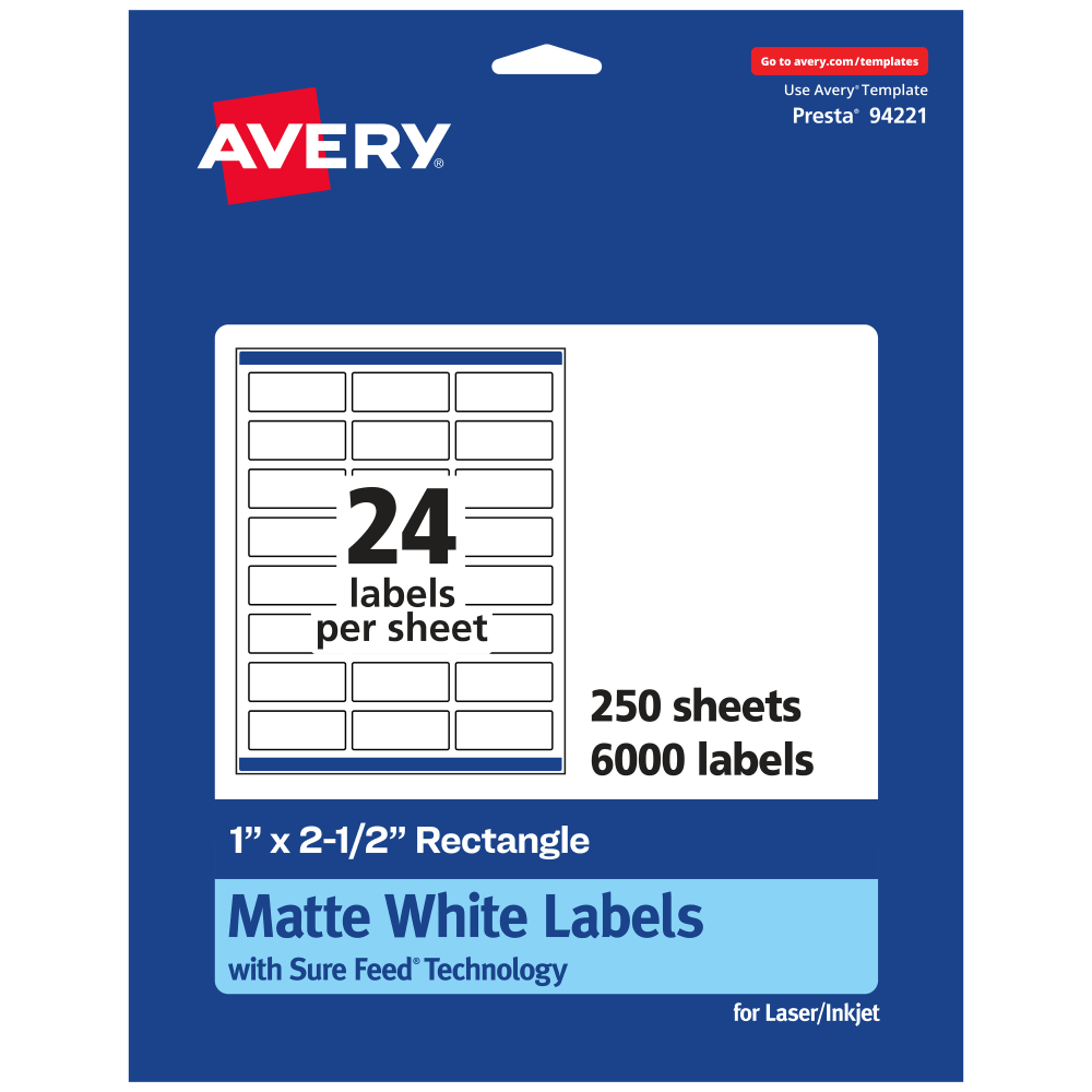 Avery Permanent Labels With Sure Feed, 94221-WMP250, Rectangle, 1in x 2-1/2in, White, Pack Of 6,000