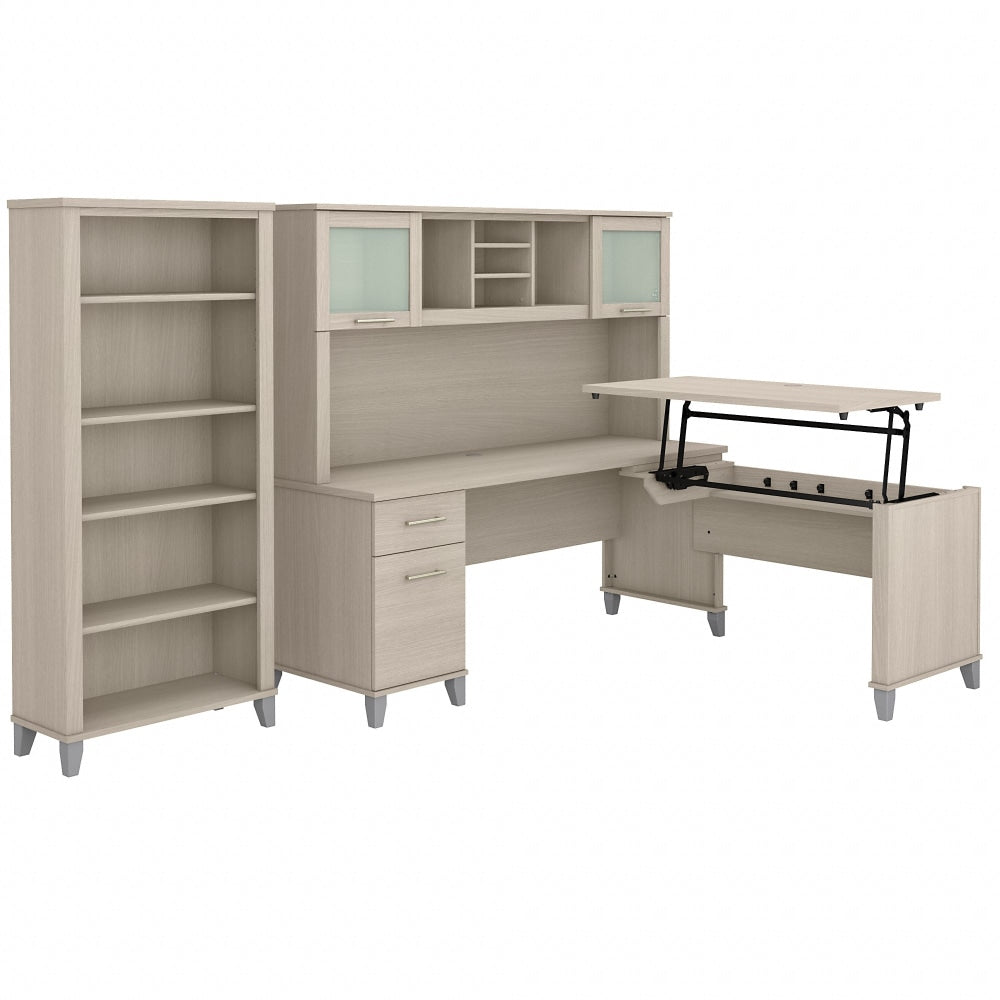 Bush Furniture Somerset 72inW 3-Position Sit-to-Stand L-Shaped Desk With Hutch And Bookcase, Sand Oak, Standard Delivery