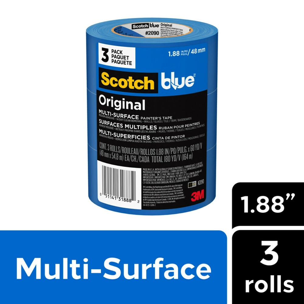 ScotchBlue Original Painters Tape, 1.88in x 60 yd, Blue, Pack Of 3