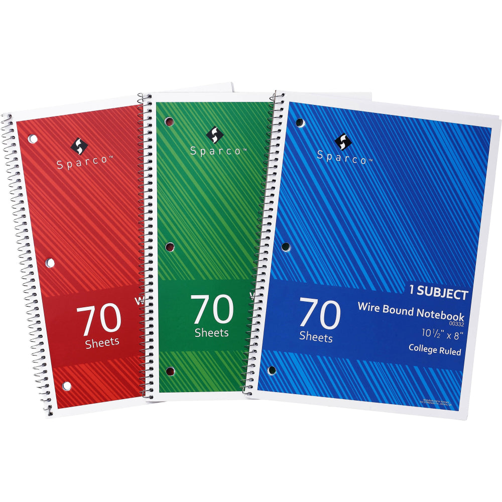 Sparco Wirebound Notebooks, 8in x 10 1/2in, College Ruled, 70 Sheets, Assorted Colors, Pack Of 3