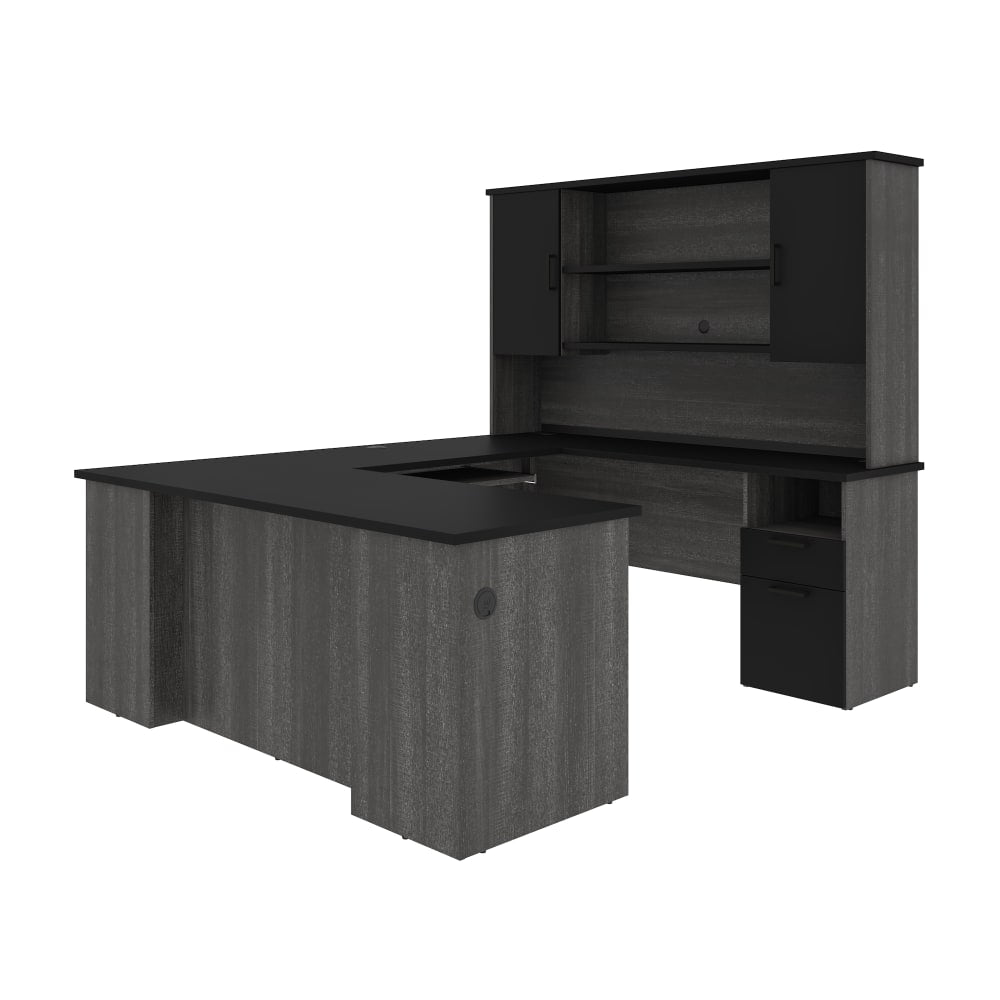 Bestar Norma 71inW U- Or L-Shaped Executive Corner Desk With Hutch, Black/Bark Gray