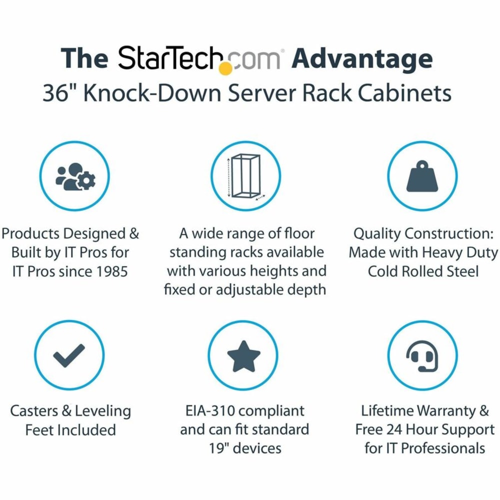 StarTech 32U 19in Server Rack Cabinet, Adjustable Depth 6-32 inch, Flat Pack, Lockable 4-Post Network/Data Rack Enclosure with Casters - 32U 19-inch server rack cabinet - 6-32in Adjustable depth