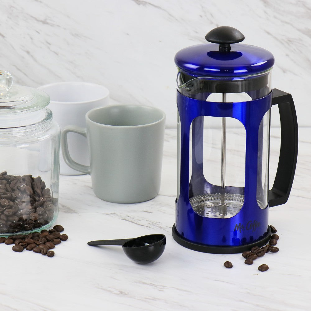 Mr. Coffee 30 Oz Glass And Stainless-Steel French Coffee Press, Metallic Blue