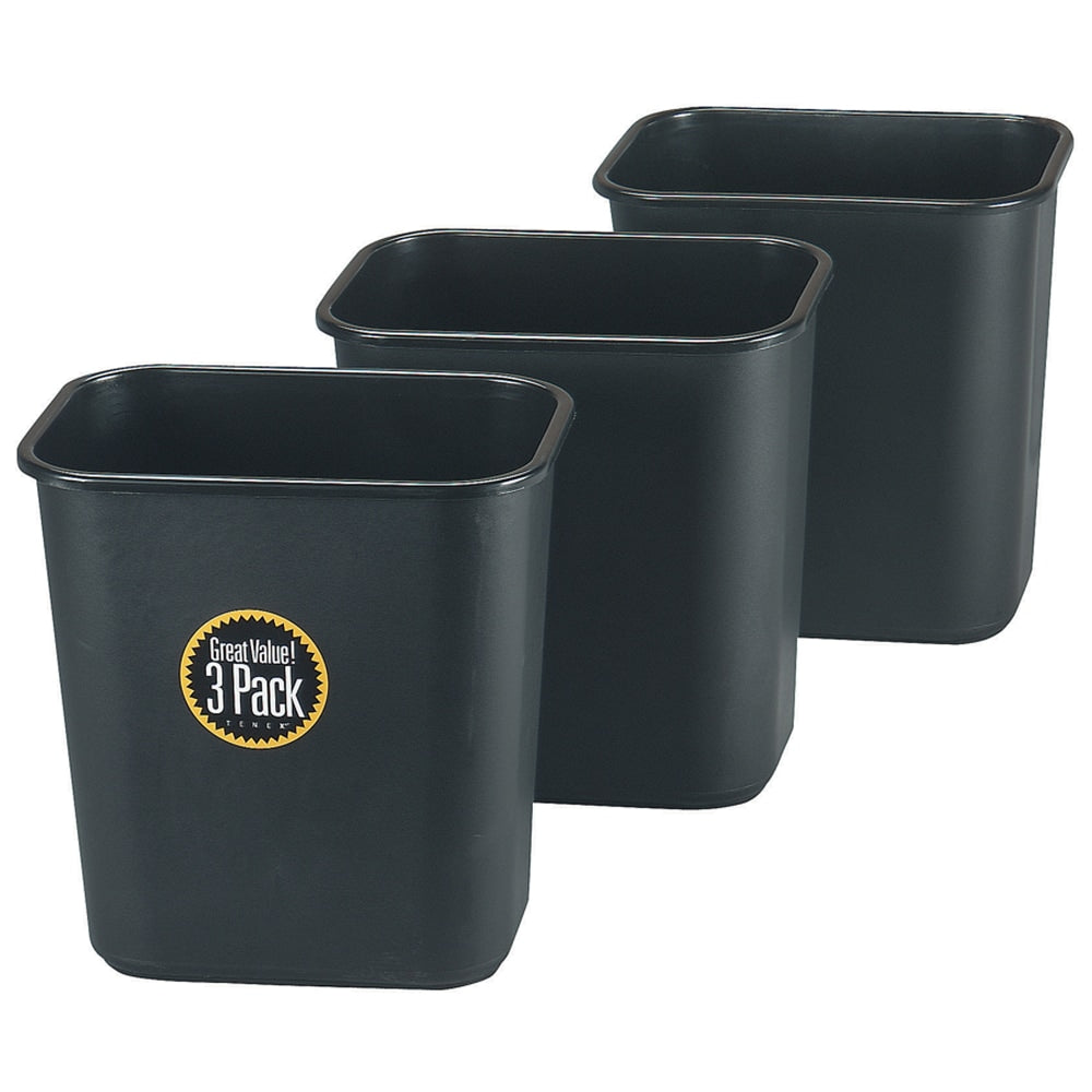 Rubbermaid Rectangular Plastic Trash Can, 7 Gallons, 15inH x 14-1/2inW x 10-1/2inD, Black, Pack Of 3 Cans