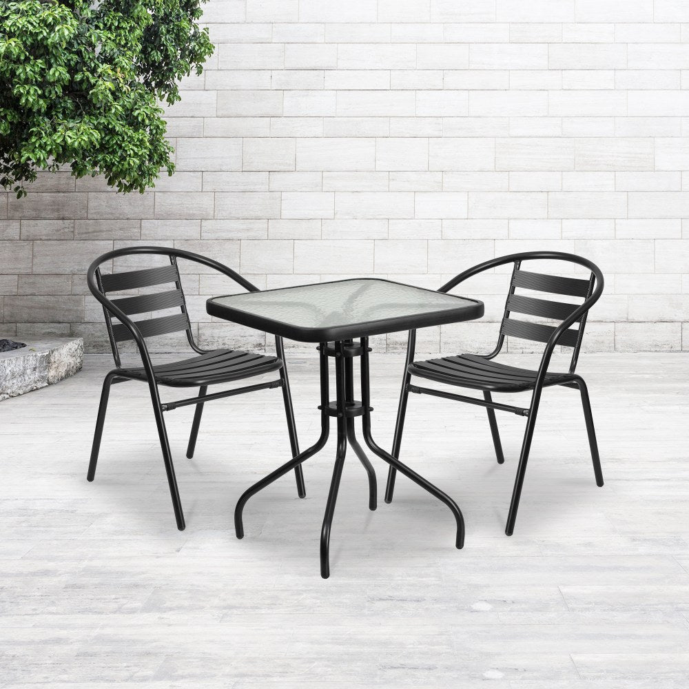 Flash Furniture Square Glass/Metal Table With 2 Slat-Back Stacking Chairs, 28in x 23-1/2in, Clear/Black