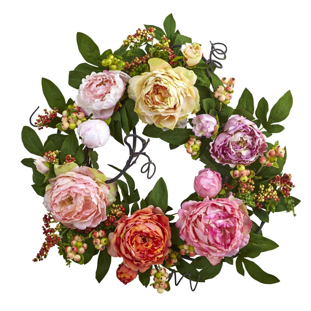 Nearly Natural Mixed Peony & Berry 20inH Plastic Wreath, 20inH x 20inW x 2inD, Multicolor