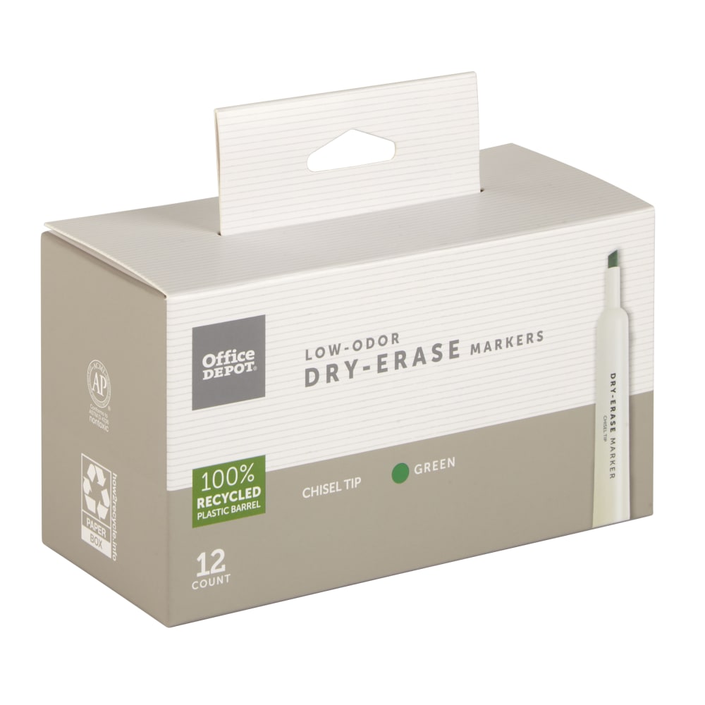 Office Depot Brand Low-Odor Dry-Erase Markers, Chisel Point, 100% Recycled Plastic Barrel, Green, Pack Of 12