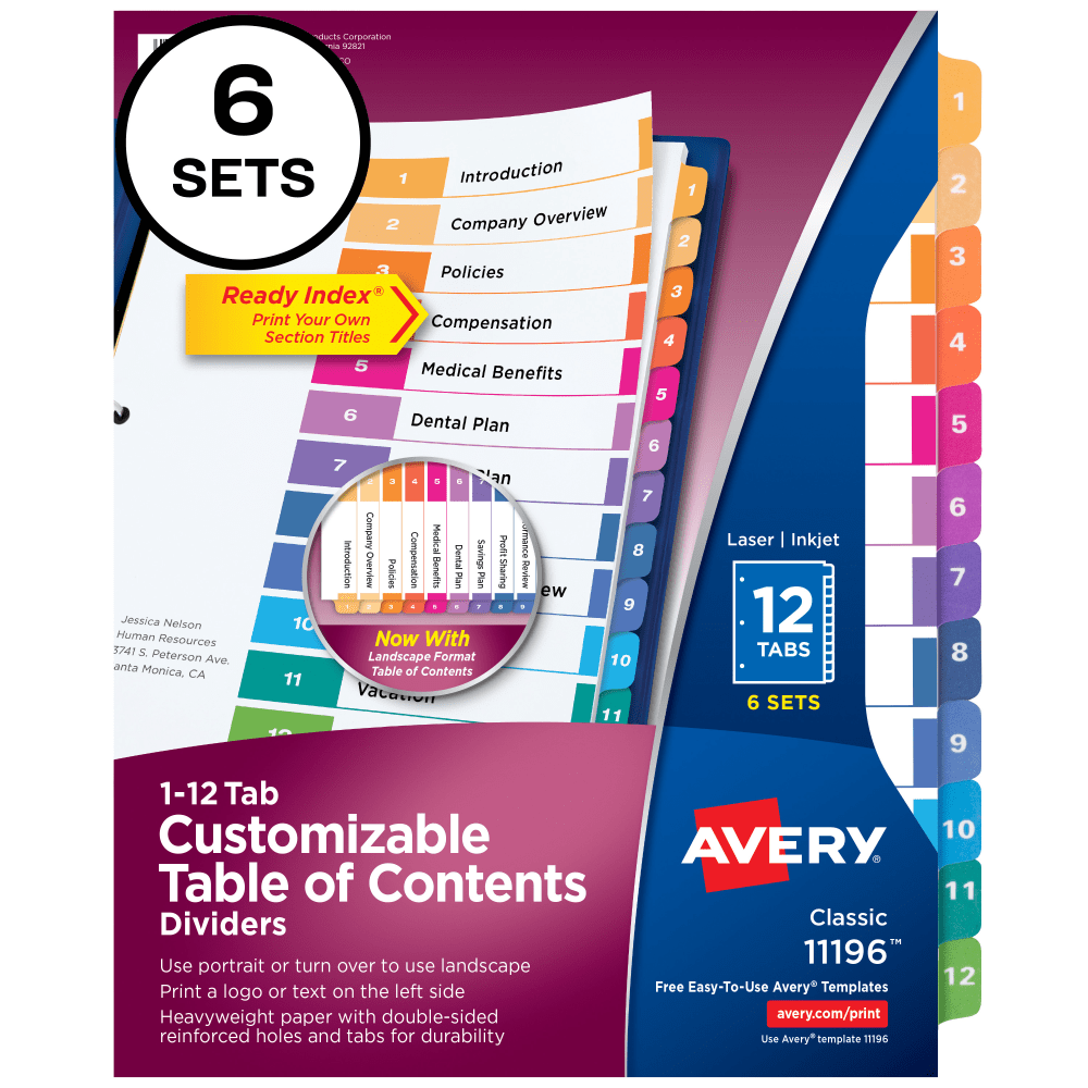 Avery Ready Index 1-12 Tab Binder Dividers With Customizable Table Of Contents, 8-1/2in x 11in, 12 Tab, White/Multicolor, Pack Of 6 Sets