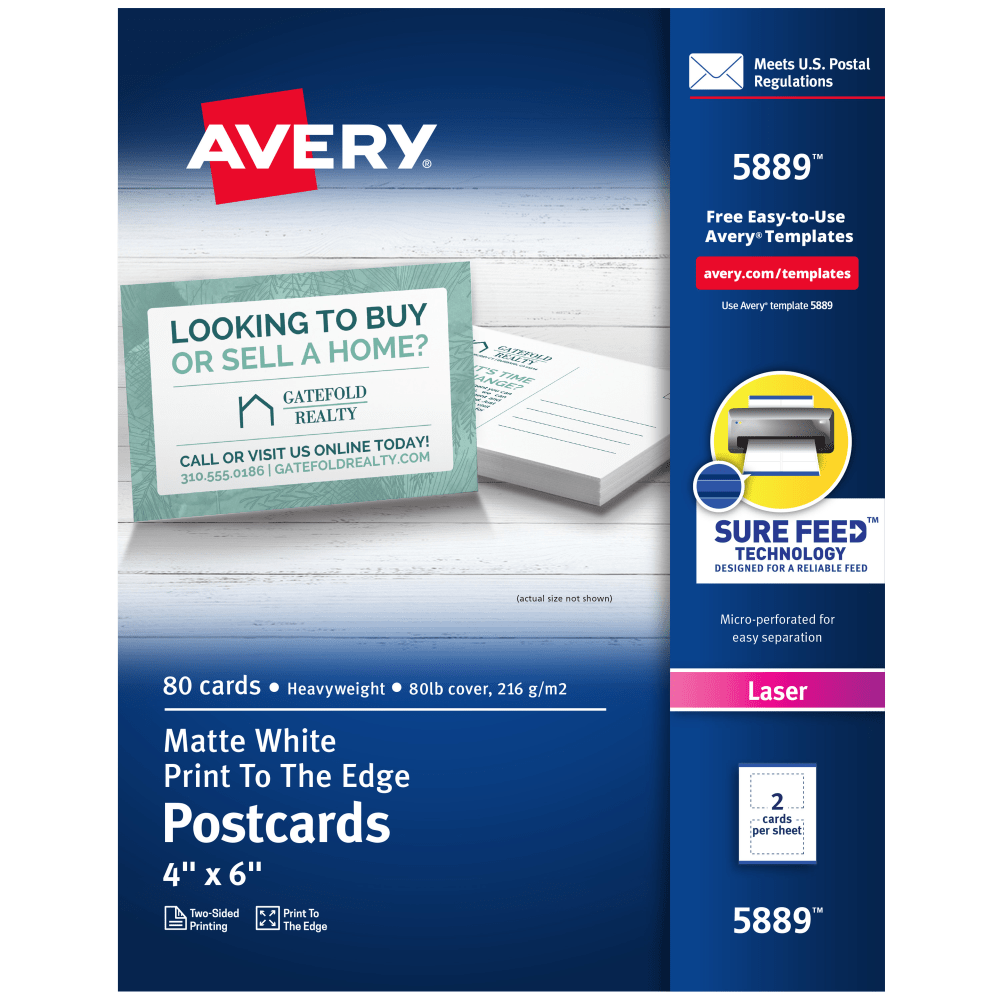 Avery Printable Postcards With Sure Feed Technology, 4in x 6in, White, 80 Blank Postcards