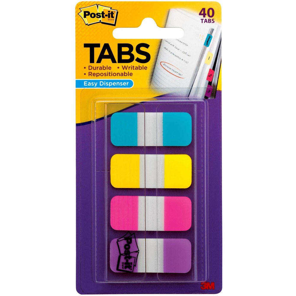 Post-it Tabs, .625 in., 10/Color, 40/Dispenser, Solid, Aqua, Yellow, Pink, Violet