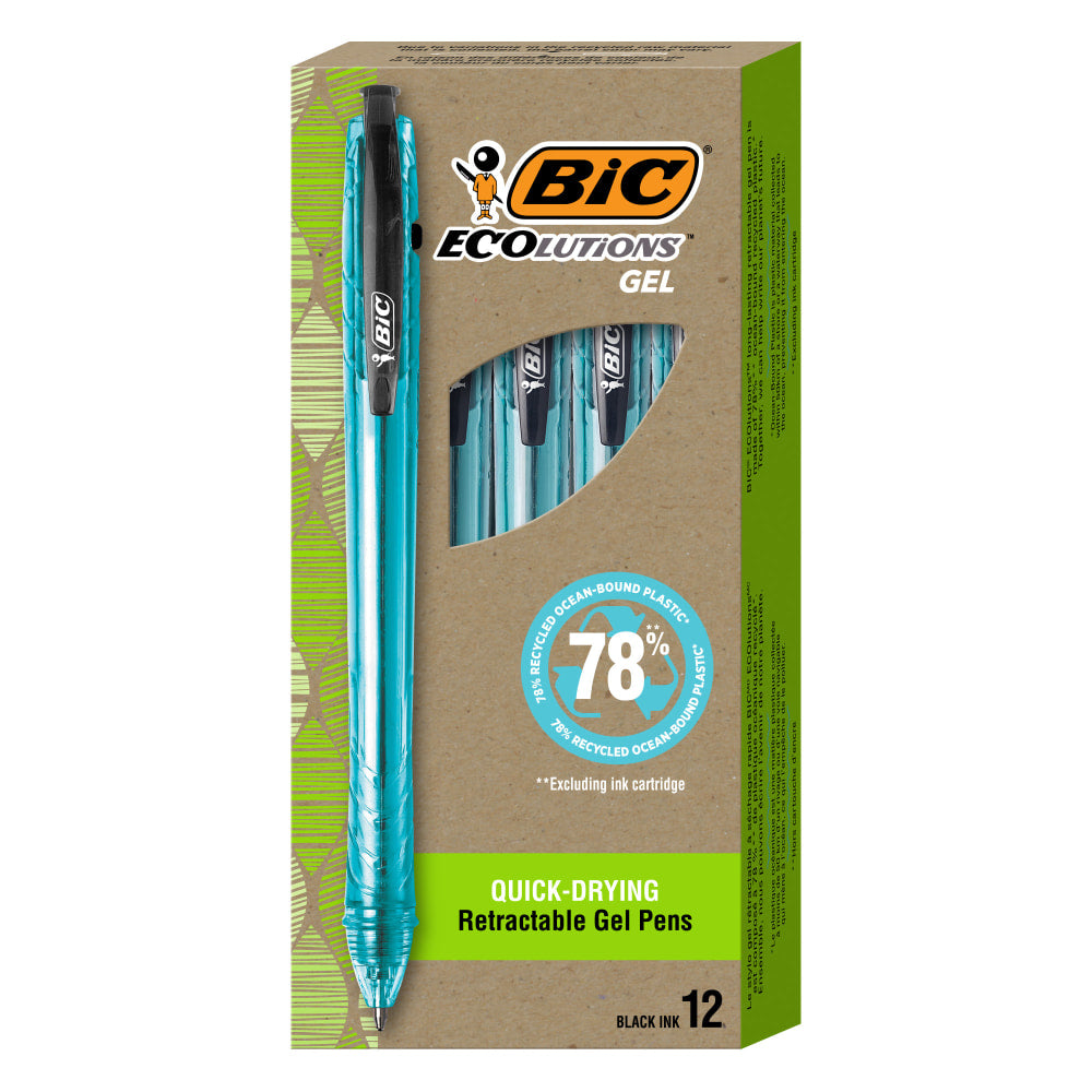 BIC Ecolutions Ocean-Bound Retractable Gel Pens, Pack Of 12 Pens, Medium Point, 0.7 mm,  78% Recycled, Clear Barrel, Black Ink