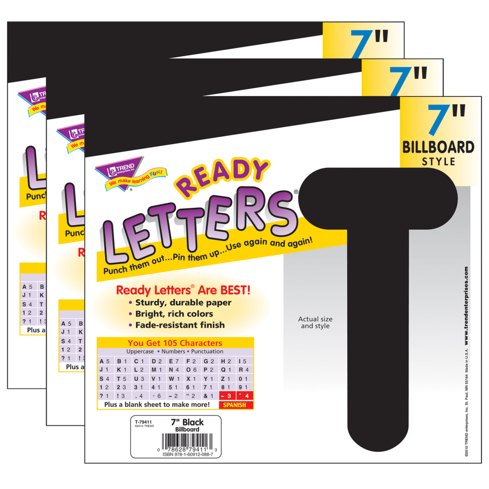 TREND Ready Letters, 7in, Billboard Uppercase, Black, Set Of 3 Packs