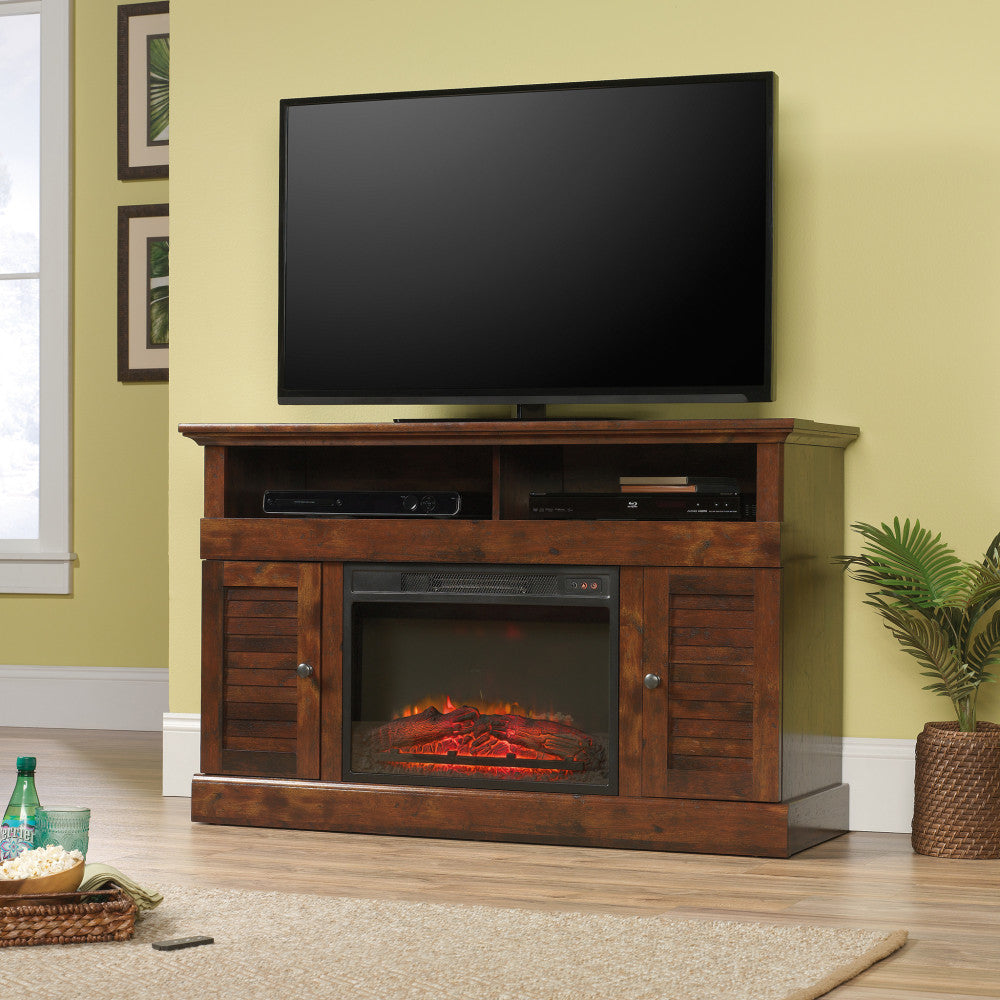 Sauder Harbor View Media Entertainment Fireplace Credenza, Curado Cherry