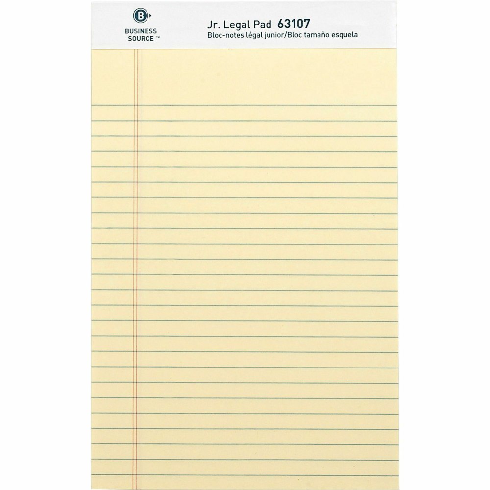 Business Source Writing Pads - 50 Sheets - 0.28in Ruled - 16 lb Basis Weight - Jr.Legal - 8in x 5in - Canary Paper - Micro Perforated, Easy Tear, Sturdy Back - 1 Dozen