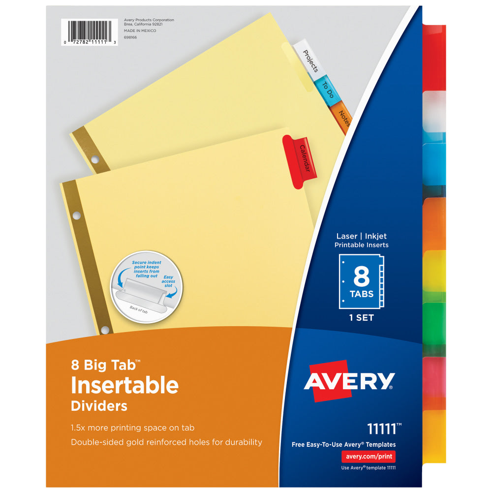 Avery Big Tab Insertable Dividers, Gold Reinforced, Buff/Multicolor, 8-Tab