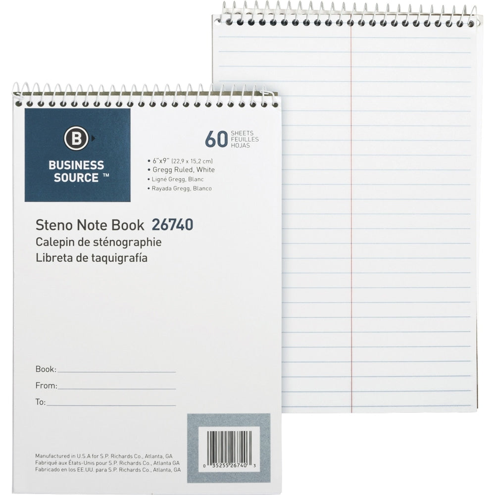 Business Source Steno Notebook - 60 Sheets - Wire Bound - Gregg Ruled Margin - 15 lb Basis Weight - 6in x 9in - White Paper - Stiff-back - 1 Each