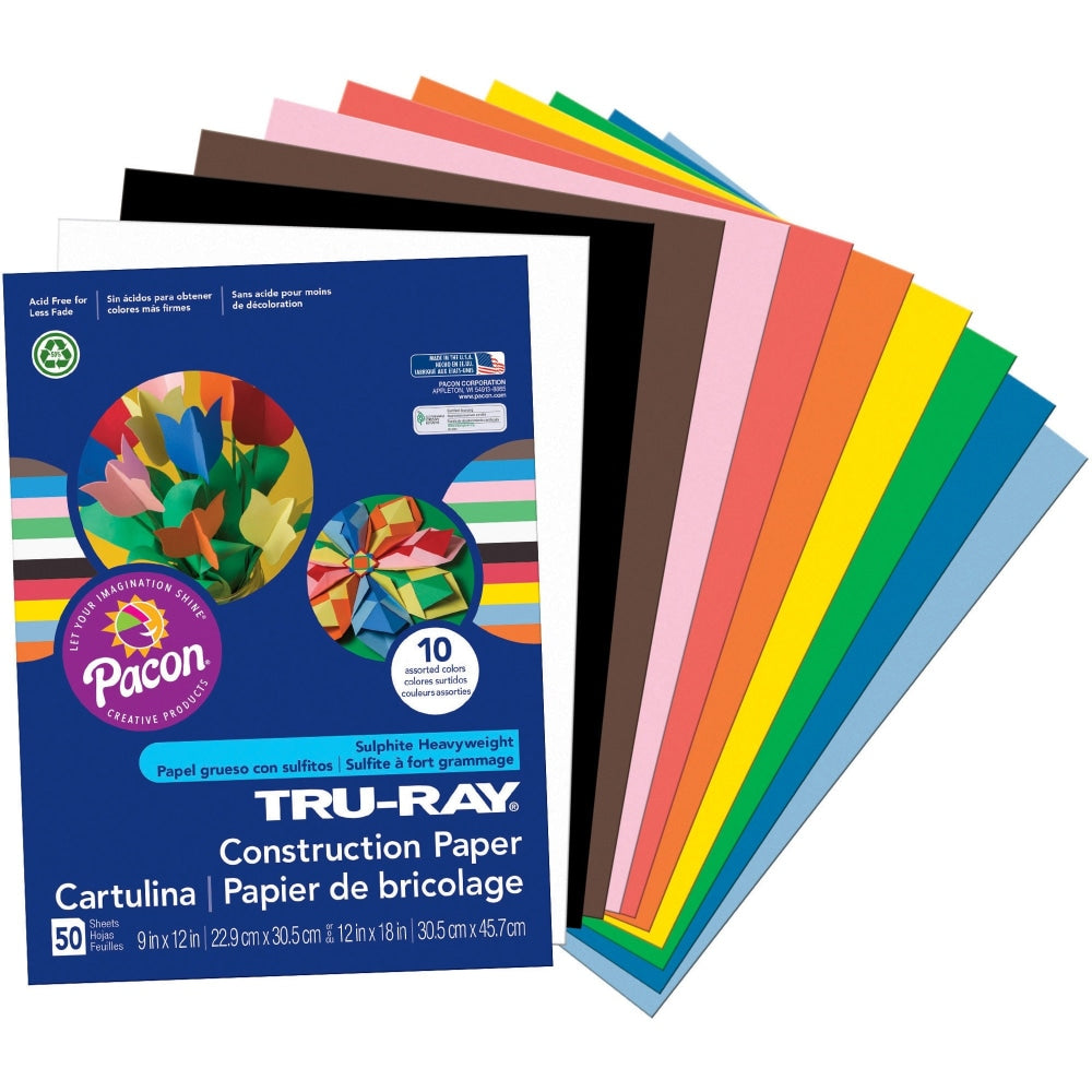 Tru-Ray Construction Paper, 50% Recycled, Assorted Colors, 9in x 12in, Pack Of 50